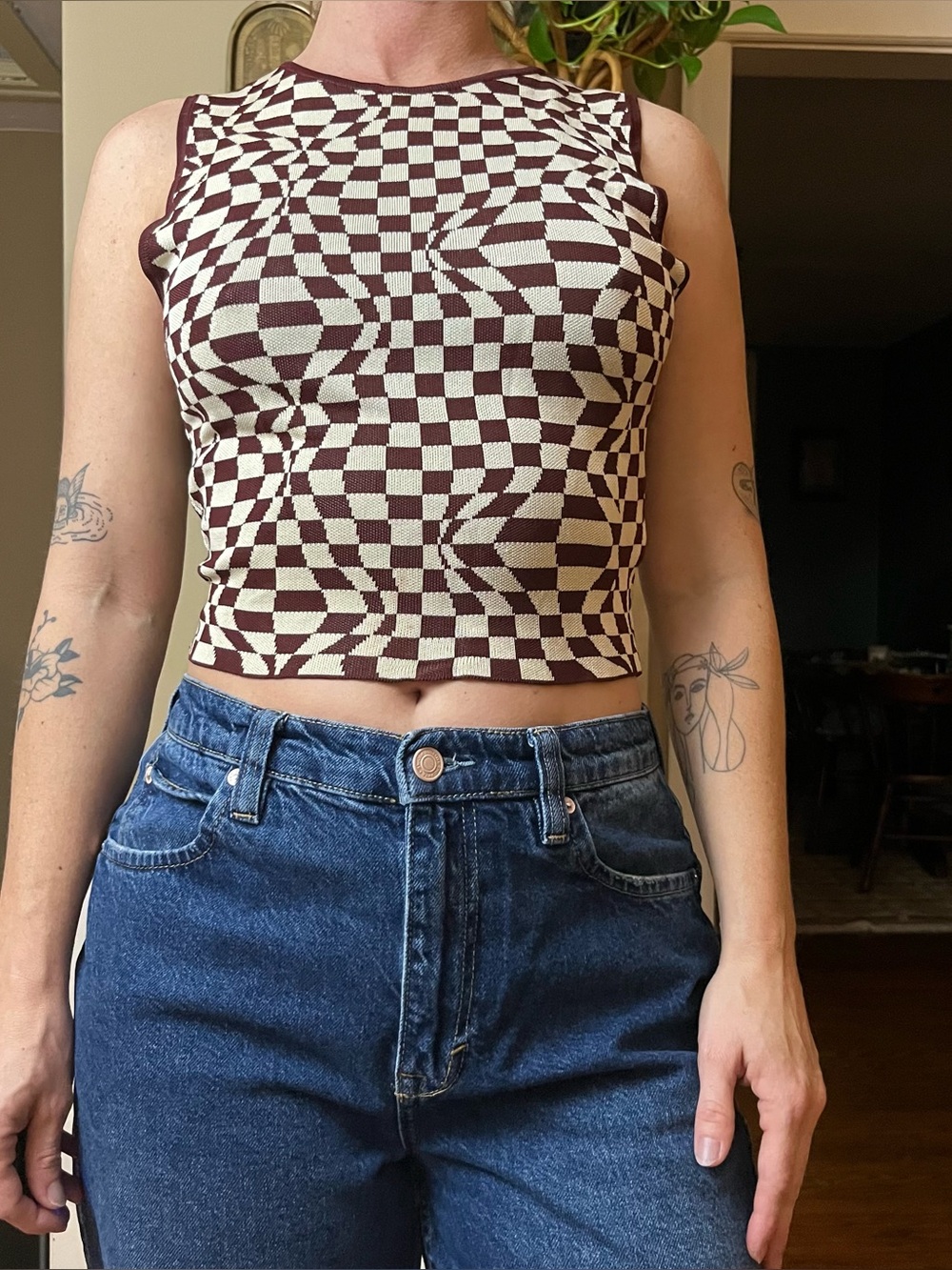 Paloma Wool Brown Cream Geometric Print Knit Sleeveless Tank Top Blouse